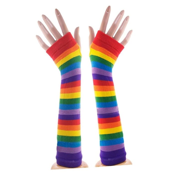 Rainbow Fringe Arm Warmers, Colorful Rainbow Fingerless Striped Gloves, LGBT Elbow Long Sleeves Unisex For Pride Parade, Cosplay, Raves, Festivals, Halloween Costume, LGBTQ Accessories For Men & Women - roarmag.org
